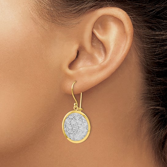 10K with Rhodium Polished and Textured Dangle Earrings