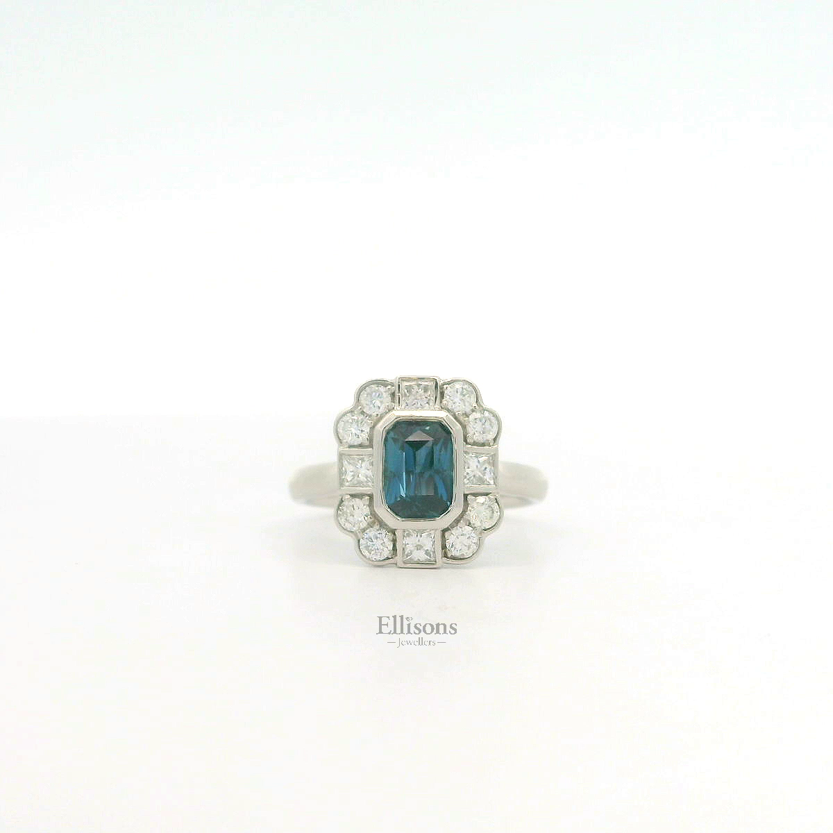 Platinum Teal Sapphire and Princess Diamond cluster ring Platinum Teal Sapphire and Princess Diamond cluster ring