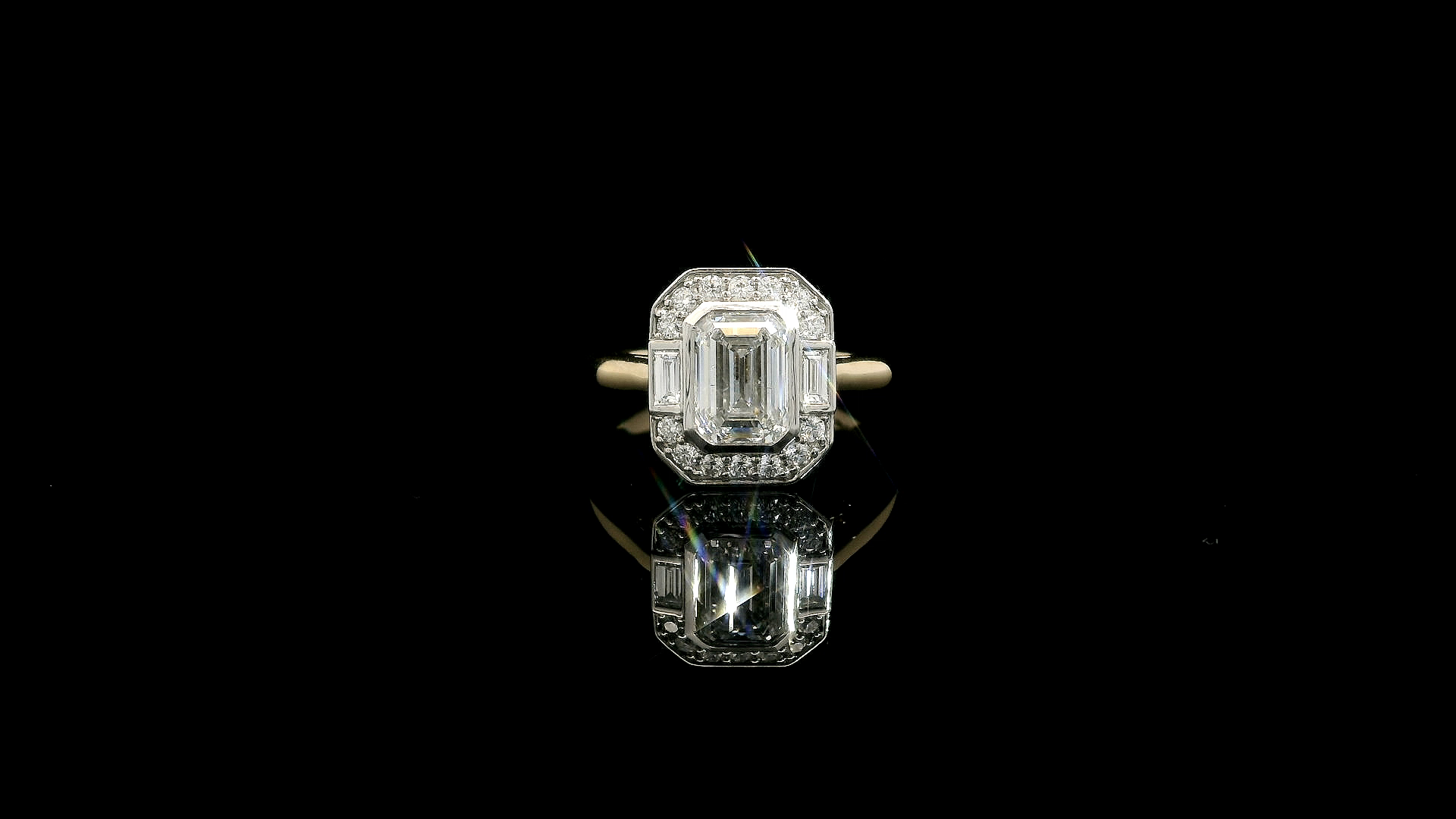 18ct Gold Platinum Emerald cut Diamond Baguette Halo ring 18ct Gold Platinum Emerald cut Diamond Baguette Halo ring