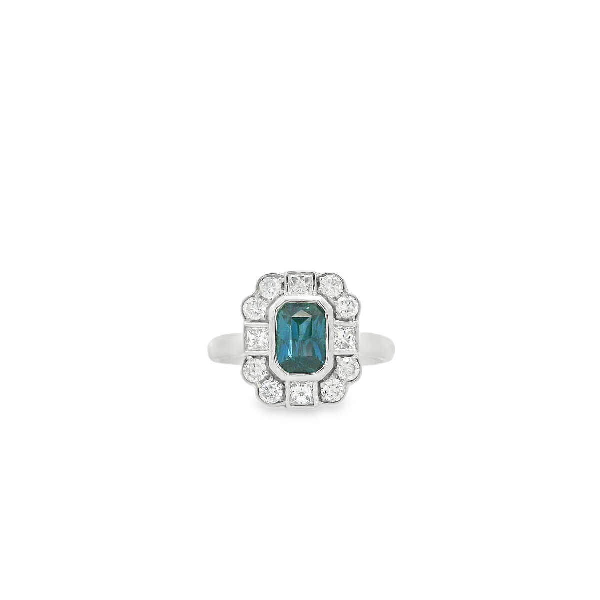 Platinum Teal Sapphire and Princess Diamond cluster ring Platinum Teal Sapphire and Princess Diamond cluster ring
