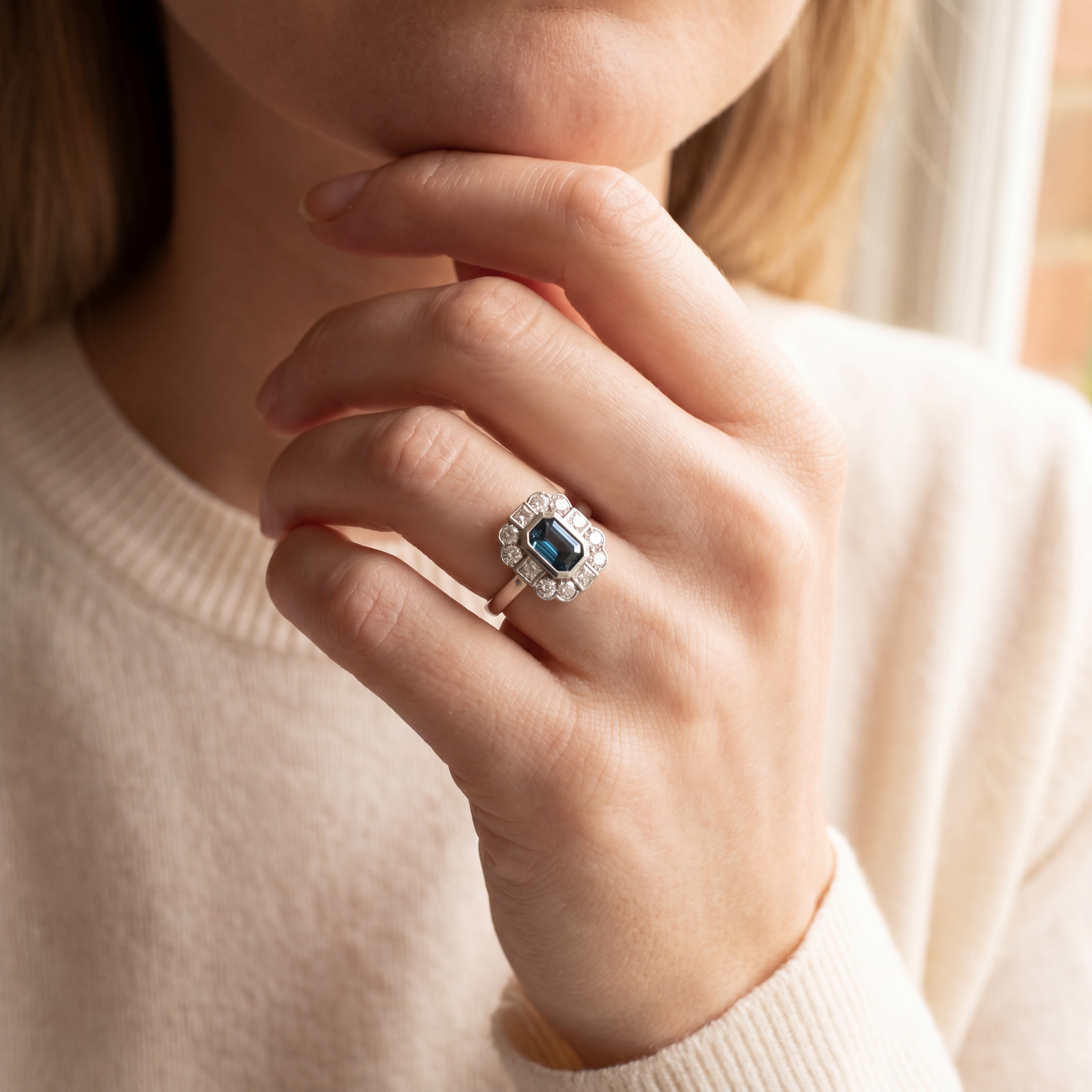 Platinum Teal Sapphire and Princess Diamond cluster ring Platinum Teal Sapphire and Princess Diamond cluster ring